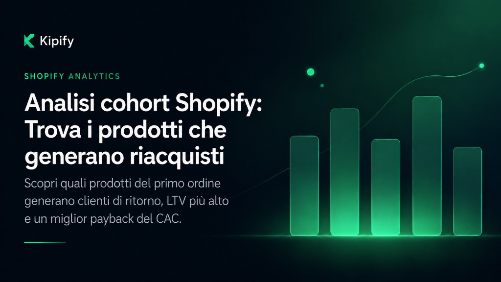 Analisi cohort Shopify: trova i prodotti che generano riacquisti — grafico e brand Kipify, articolo su cohort e riacquisti.